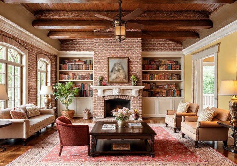 This image features a typical interior living room of a home King William District of San Antonio.
