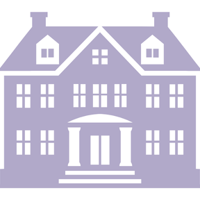 Graphic of a large home with a front door, window and two chimneys