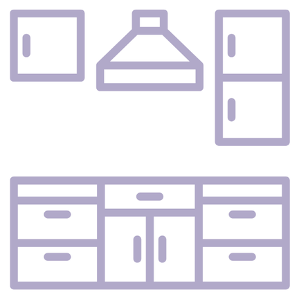 Graphic of kitchen upper and lower cabinets with range hood.